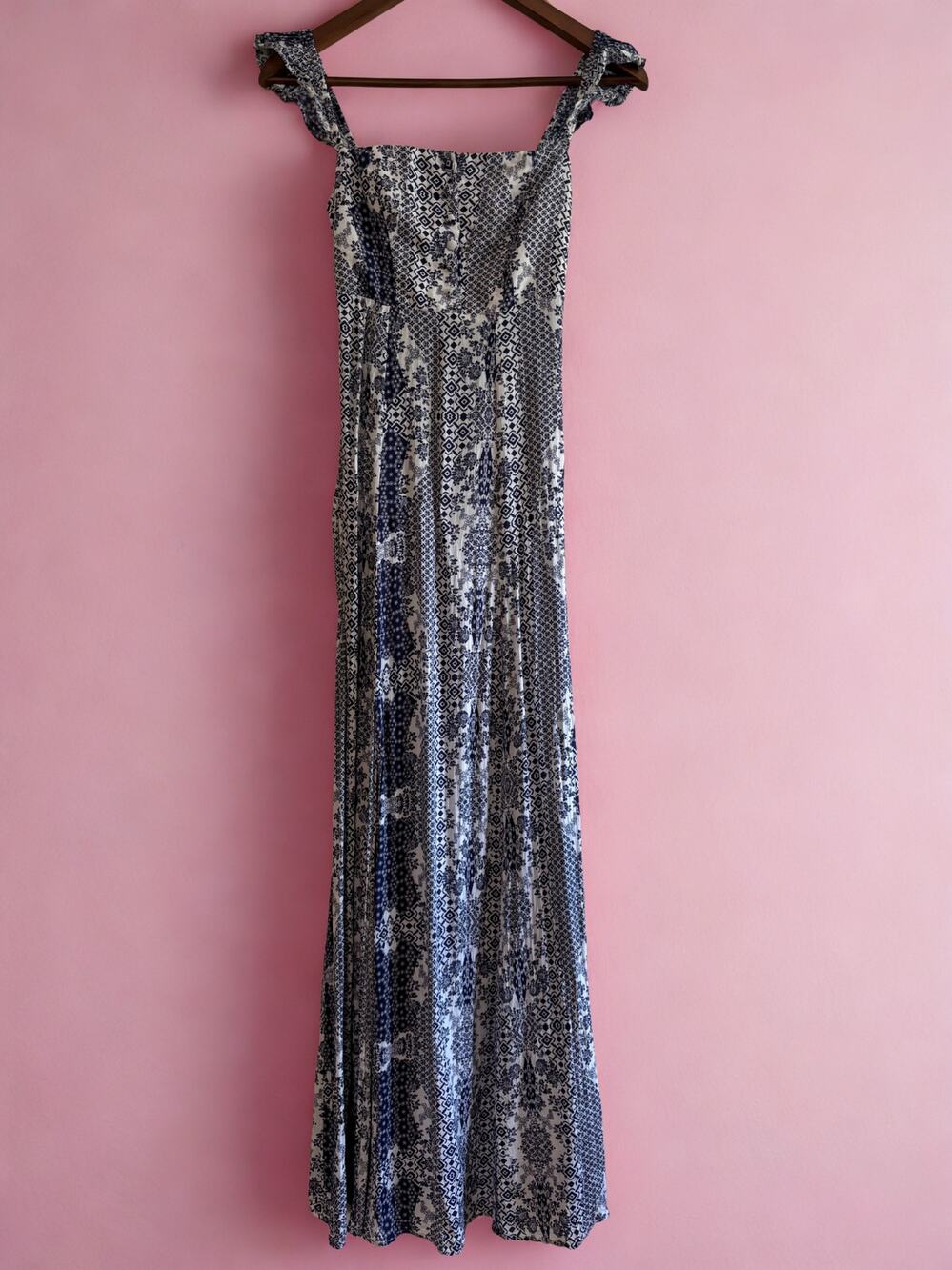 Flynn Skye Bardot Maxi Dress | Women’s XS | Blue White Paisley Boho Print